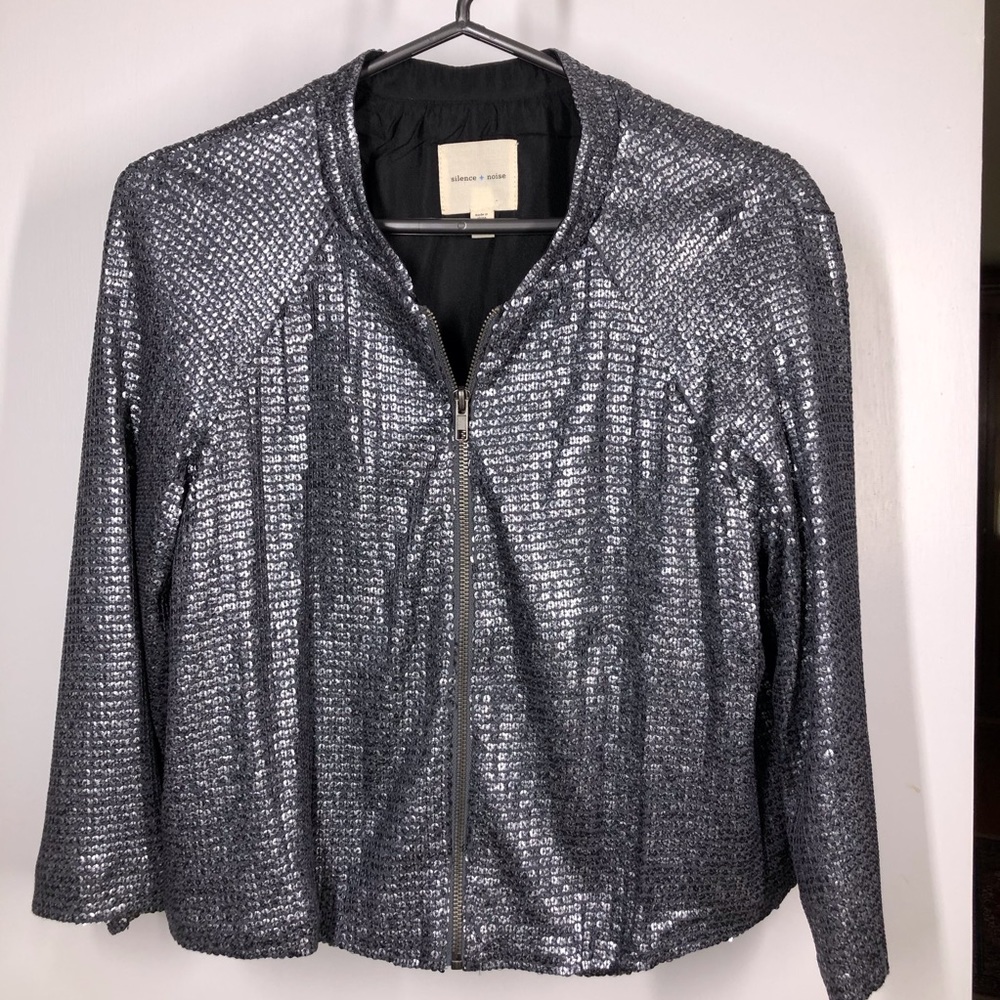 Disco Jacket Gunmetal Silver 3/4 sleeves Silence + Noise Silver Sequined Bomber